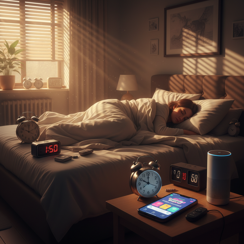 A dark bedroom with multiple alarm clocks and morning light breaking through blinds