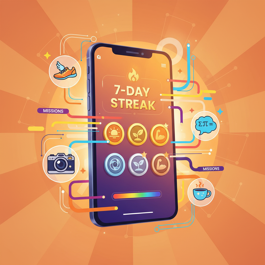 A phone showing a colorful alarm app with achievement badges and mission icons