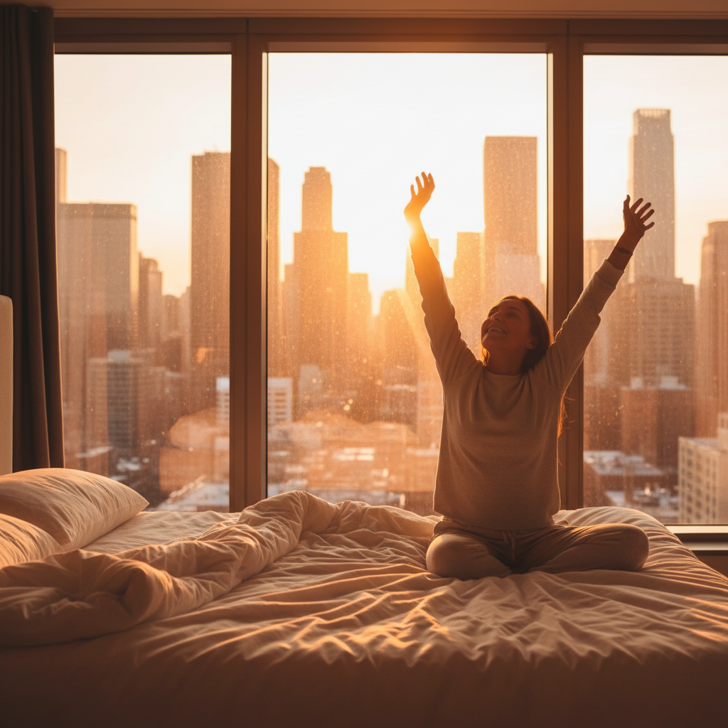 A person stretching happily in bed with golden sunrise light through large windows