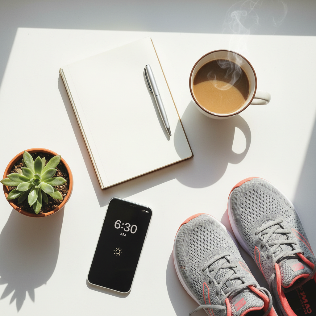 A morning routine flat lay with coffee, journal, phone showing 6:30 AM, and running shoes