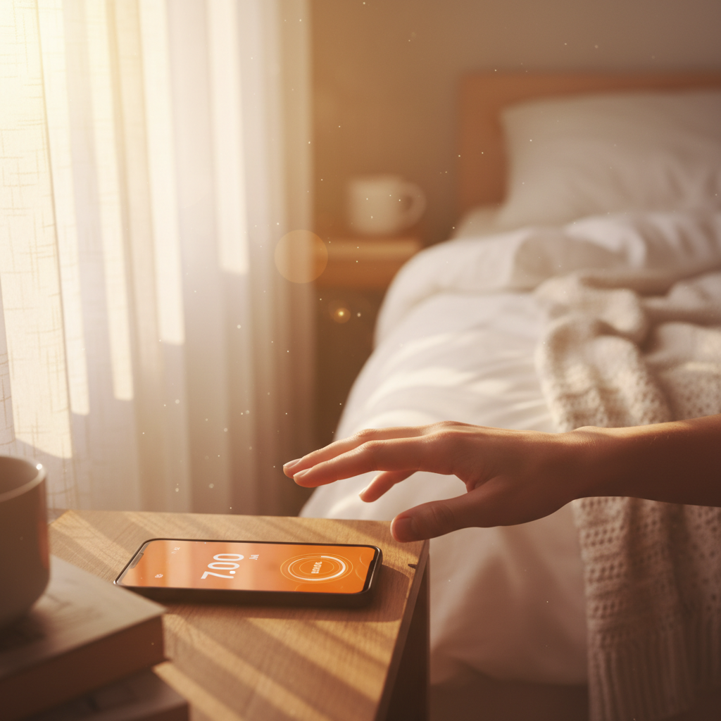 A hand reaching for a phone alarm on a nightstand with warm morning light